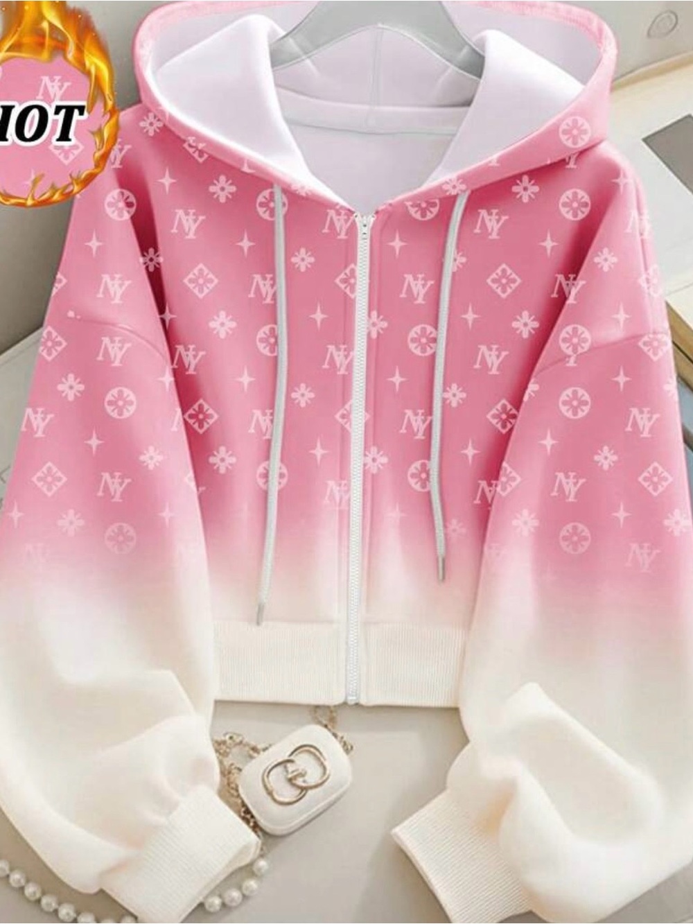 SHEIN Pink to White Ombre Hooded Zip Jacket and pants set